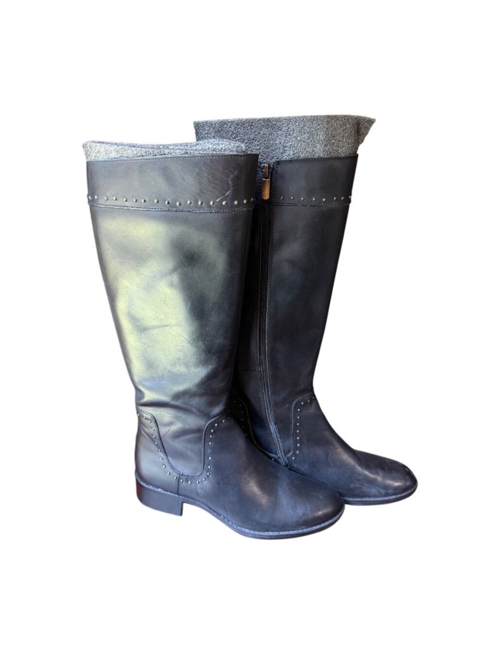 Circa Black Leather Knee High Boots With Studded Detail & Side Zipper Women 7.5